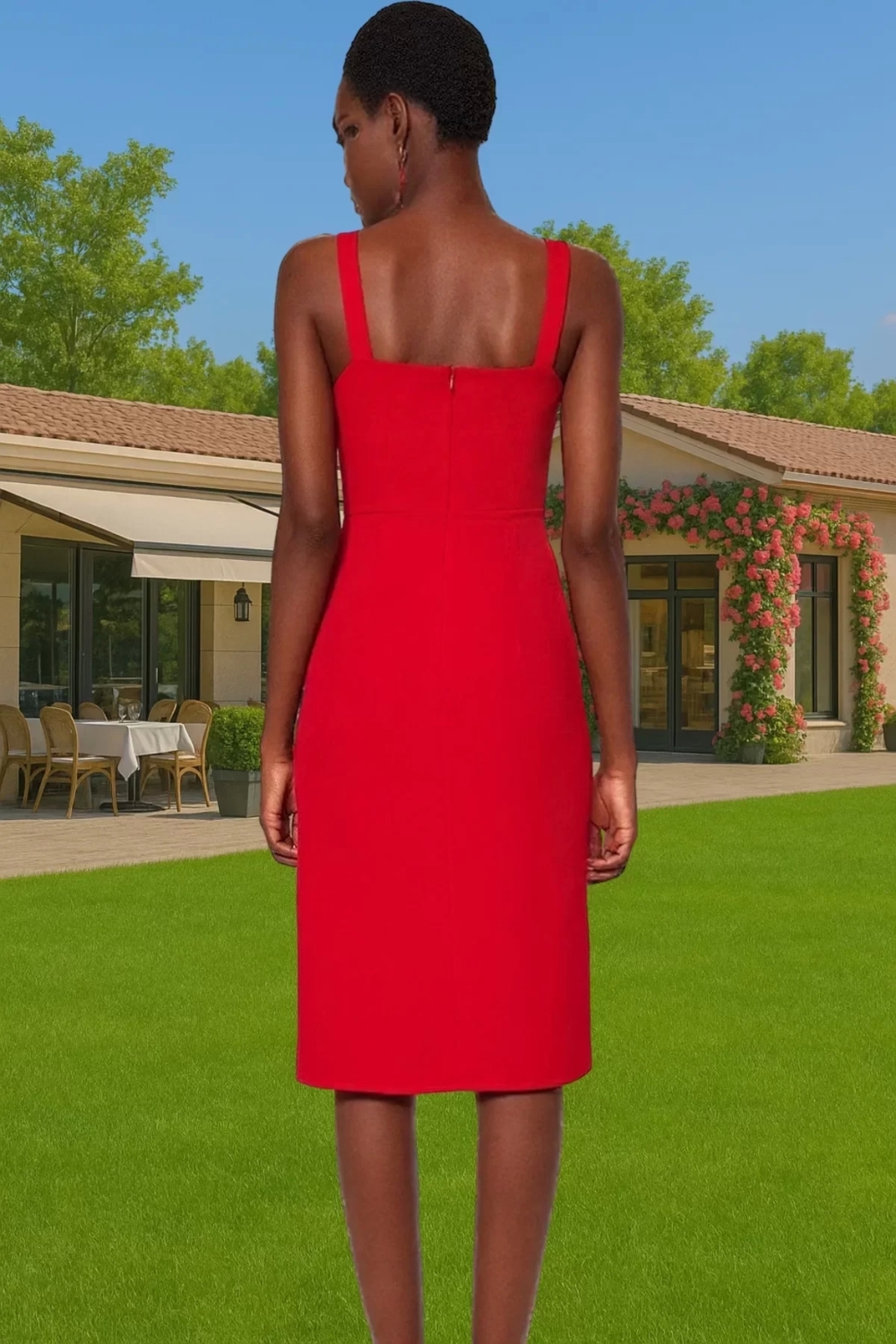 Şık Bodycon Midi Elbise Finike Dokuma Kare Yaka Yırtmaç Detayı Rahat Kesim Konforlu Kesim