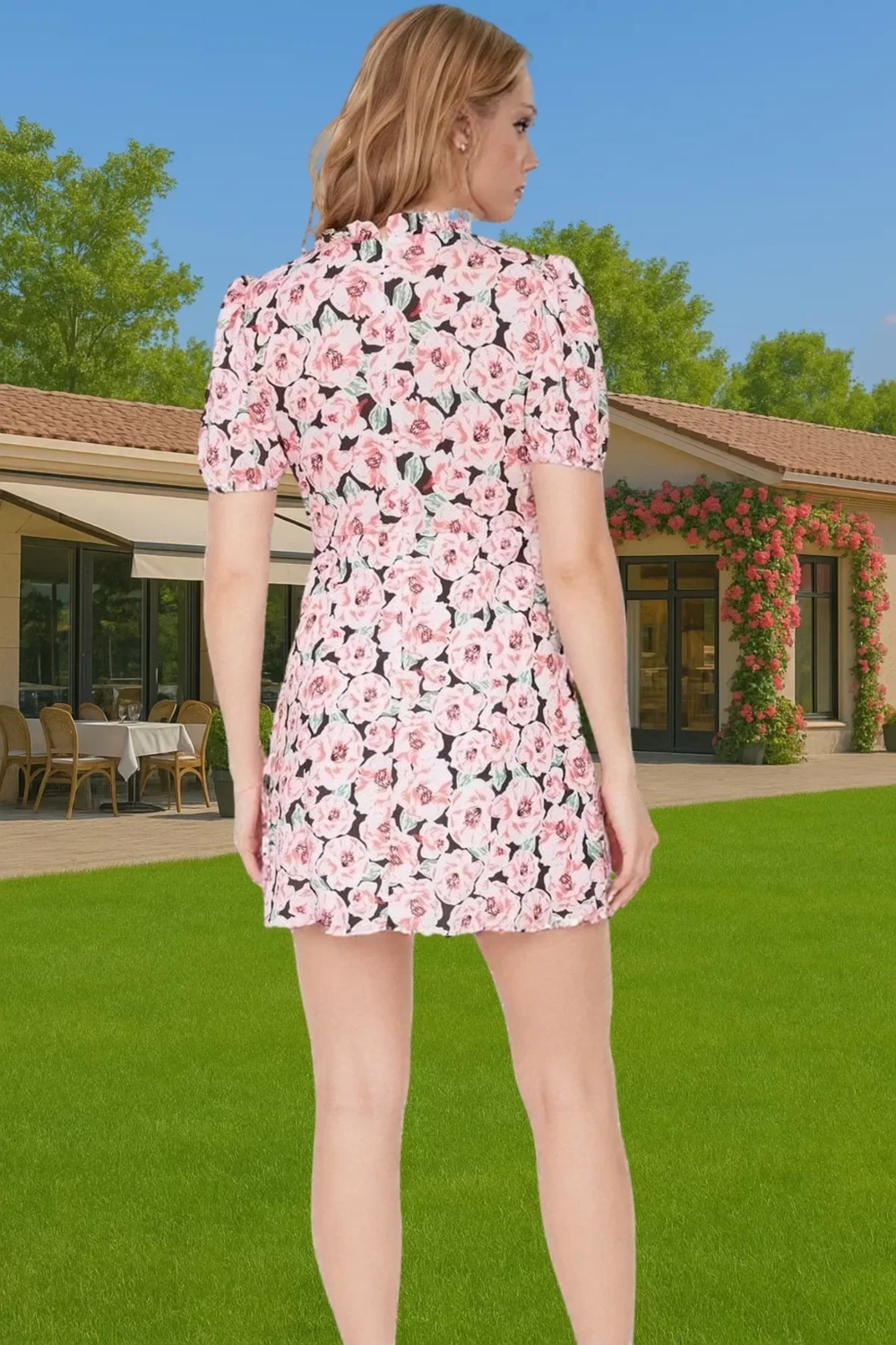 A Kesim Kısa Kollu Çiçekli Mini Elbise Polyester Dokuma Yazlık Zarifane Tasarım Zarifane Tasarım