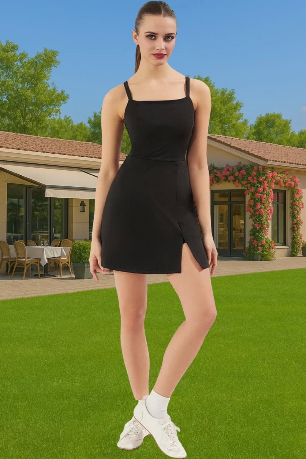 Kadın Siyah Spor Elbise İnce Askılı Mini Örme Kumaş Premium Kalite Şık Görünüm Şık Görünüm