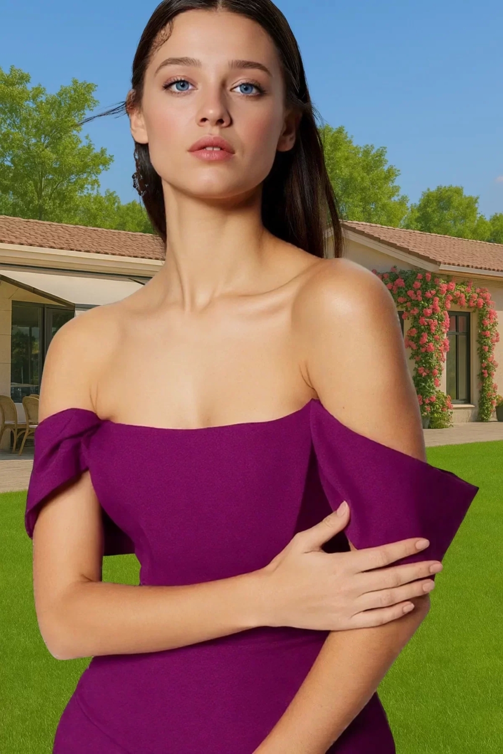 Moda Fit Mezuniyet Balo Finike Dokuma Carmen Yaka Kısa Kol Bodycone Midi Boy Elbise