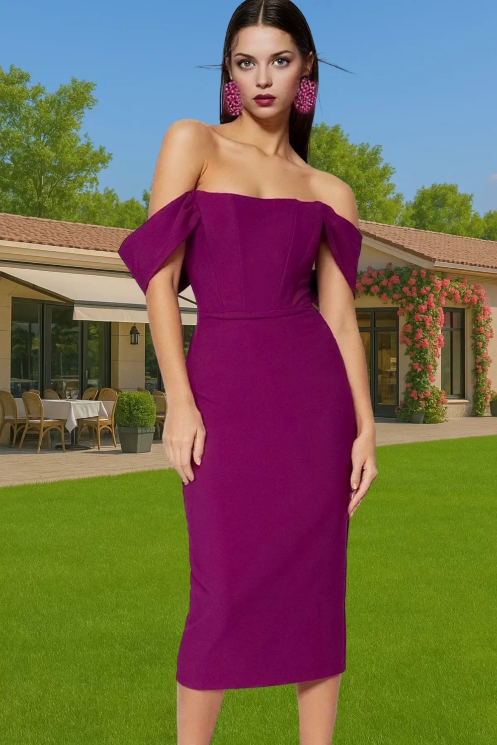 Moda Fit Mezuniyet Balo Finike Dokuma Carmen Yaka Kısa Kol Bodycone Midi Boy Elbise
