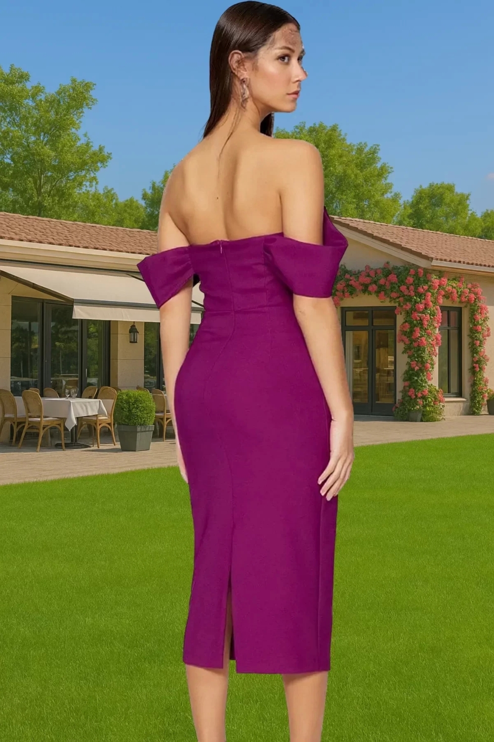 Moda Fit Mezuniyet Balo Finike Dokuma Carmen Yaka Kısa Kol Bodycone Midi Boy Elbise