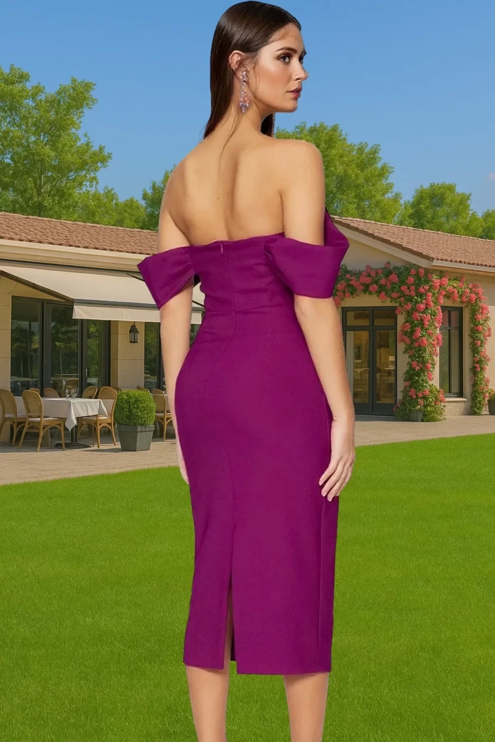 Moda Fit Mezuniyet Balo Finike Dokuma Carmen Yaka Kısa Kol Bodycone Midi Boy Elbise