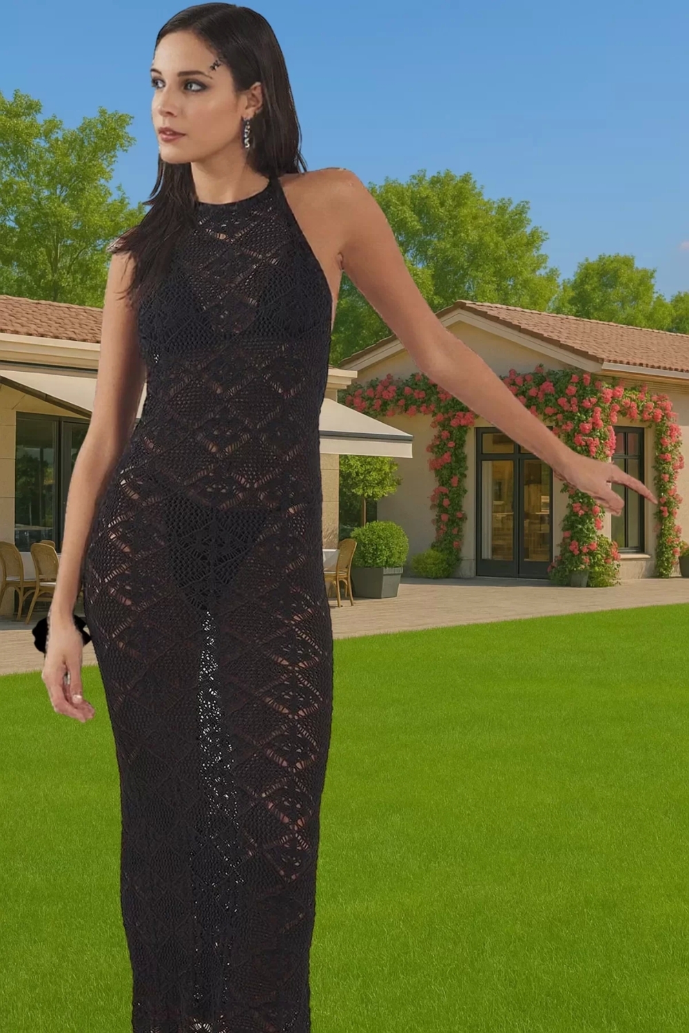 Kadın Yazlık Triko Plaj Elbisesi Bodycon Slim Fit Halter Profesyonel Görünüm Modern Stil