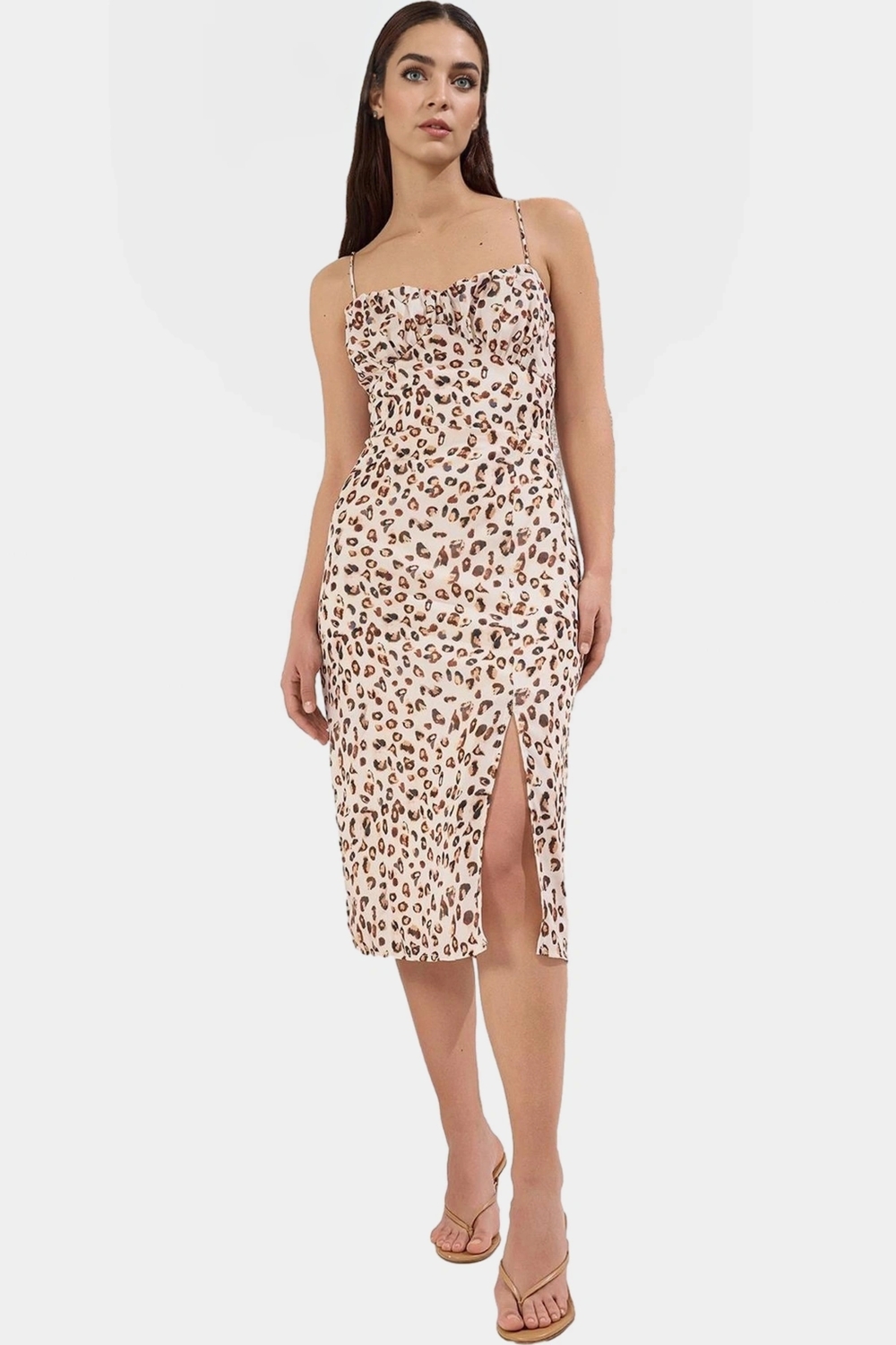 Leopar Desenli Kolsuz Midi Elbise Yazlık Bodycon Dokuma Mükemmel Uyum Konforlu Kesim Şık Görünüm