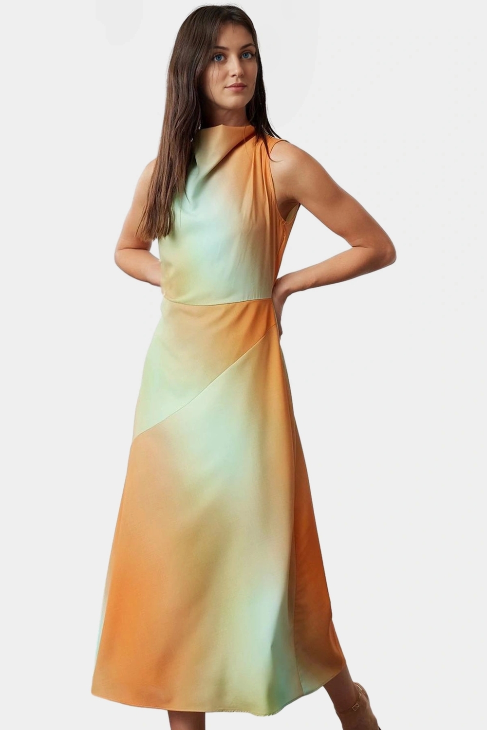 A Line Polyester Midi Elbise Degaje Yaka Krep Dokuma Astarlı Premium Kalite Modern Stil