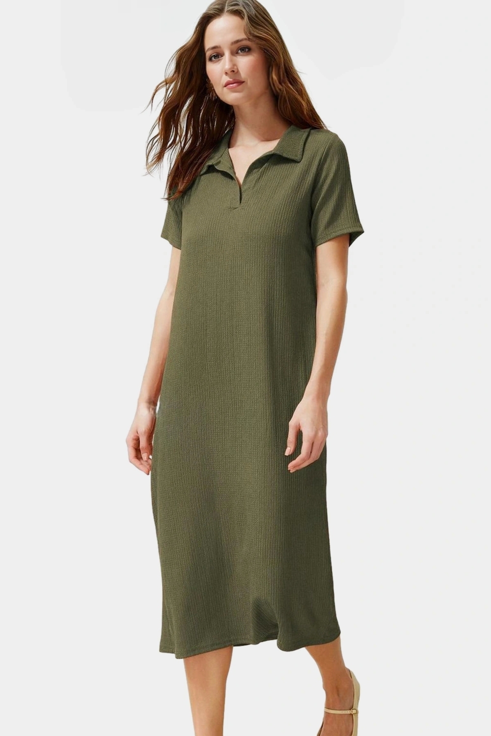 Rahat Kalıp Örme Midi Elbise Yazlık Polyester Kumaş Polo Yaka Kısa Kol Premium Kalite