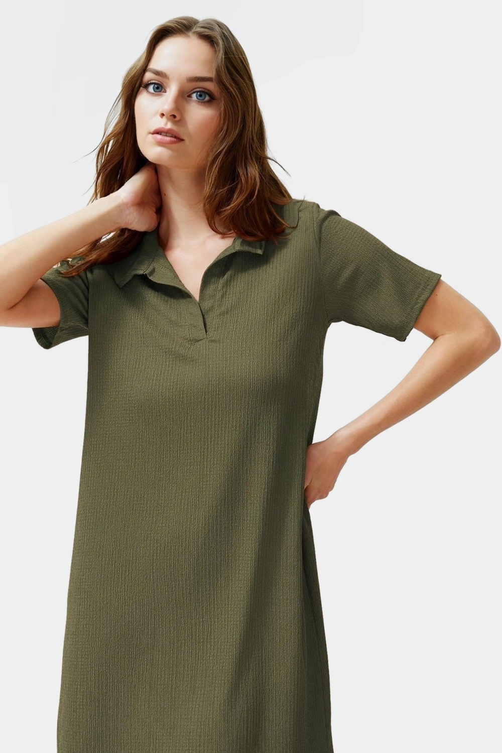 Rahat Kalıp Örme Midi Elbise Yazlık Polyester Kumaş Polo Yaka Kısa Kol Premium Kalite