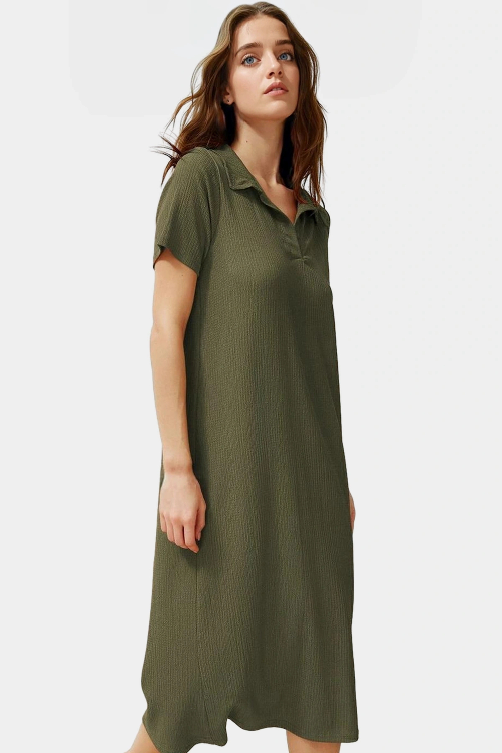 Rahat Kalıp Örme Midi Elbise Yazlık Polyester Kumaş Polo Yaka Kısa Kol Premium Kalite