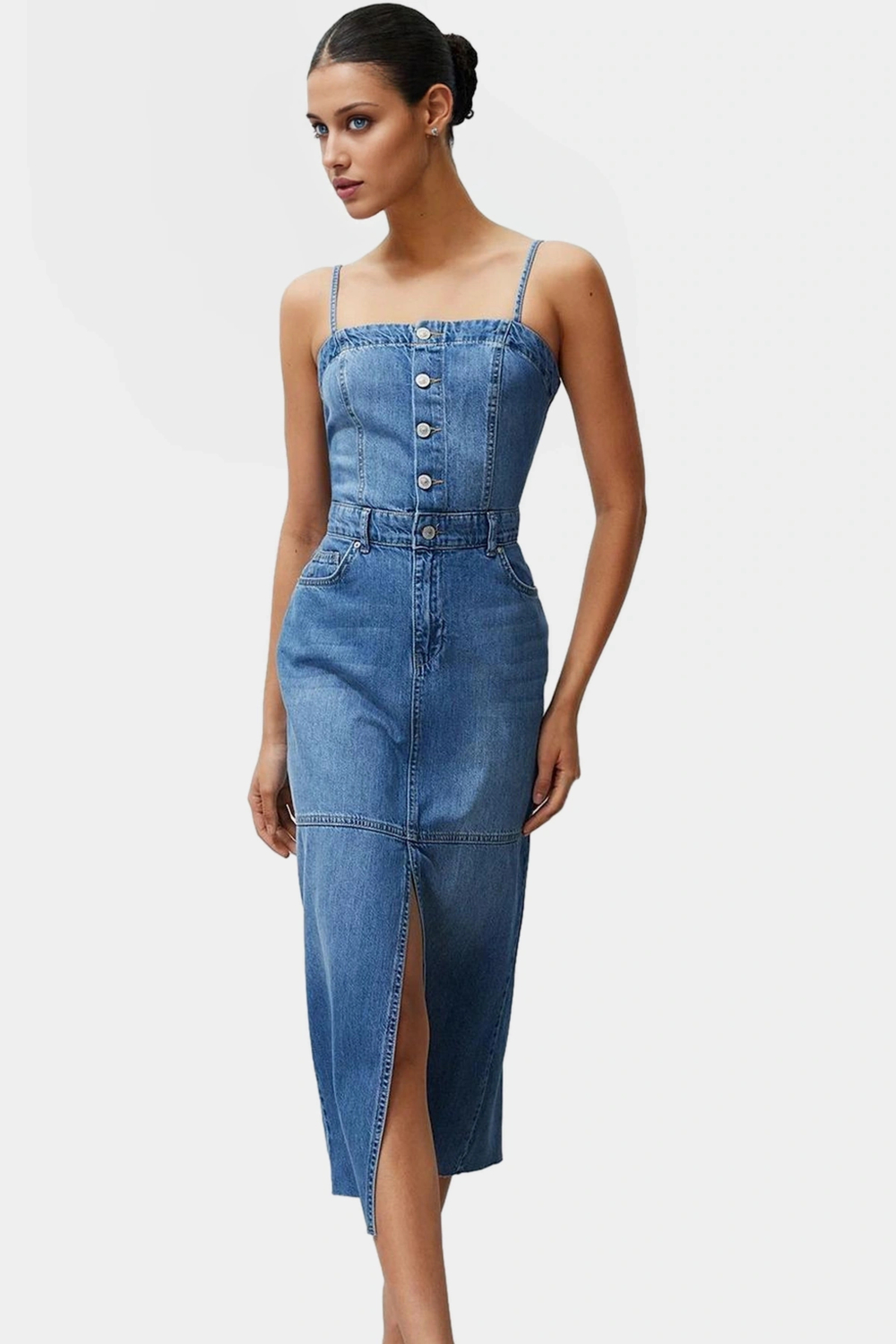 Yazlık Denim Maxi Elbise Casual Stil Bodycon Kalıp %Pamuk Seçkin Malzeme Rahat Kullanım
