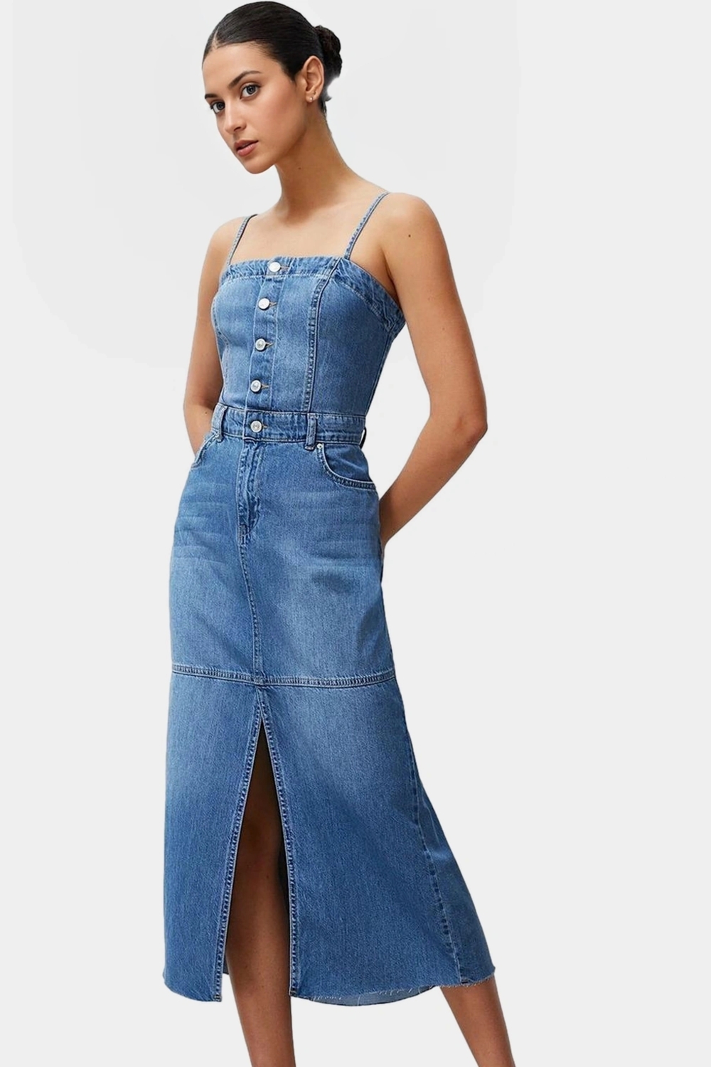 Yazlık Denim Maxi Elbise Casual Stil Bodycon Kalıp %Pamuk Seçkin Malzeme Rahat Kullanım