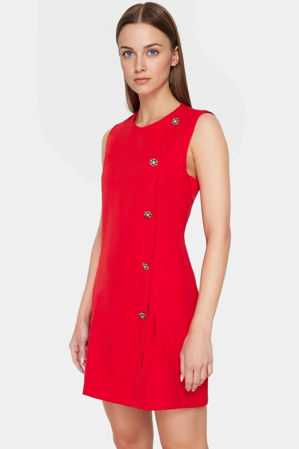 Kısa Mini Elbise Bisiklet Yaka A line Kesim Dokuma Polyester Kumaş Zarifane Tasarım Rahat Ve Şık