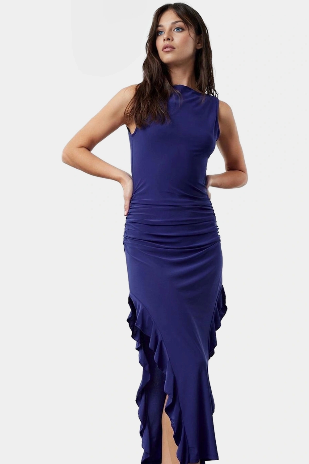 Bodycon Maxi Elbise Esnek Fırfırlı Kayık Yaka Yazlık Seçkin Malzeme Trend Tasarım