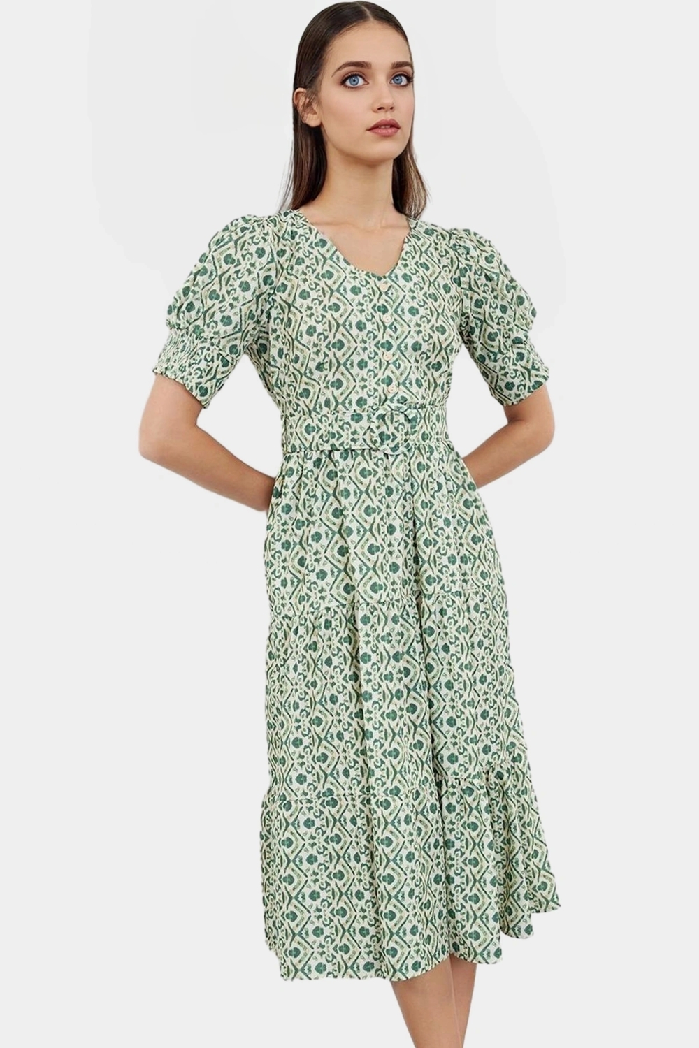 Rahat A line Midi Elbise Etnik Desenli Kemerli V Yaka Kısa Kollu Polyester Profesyonel Görünüm