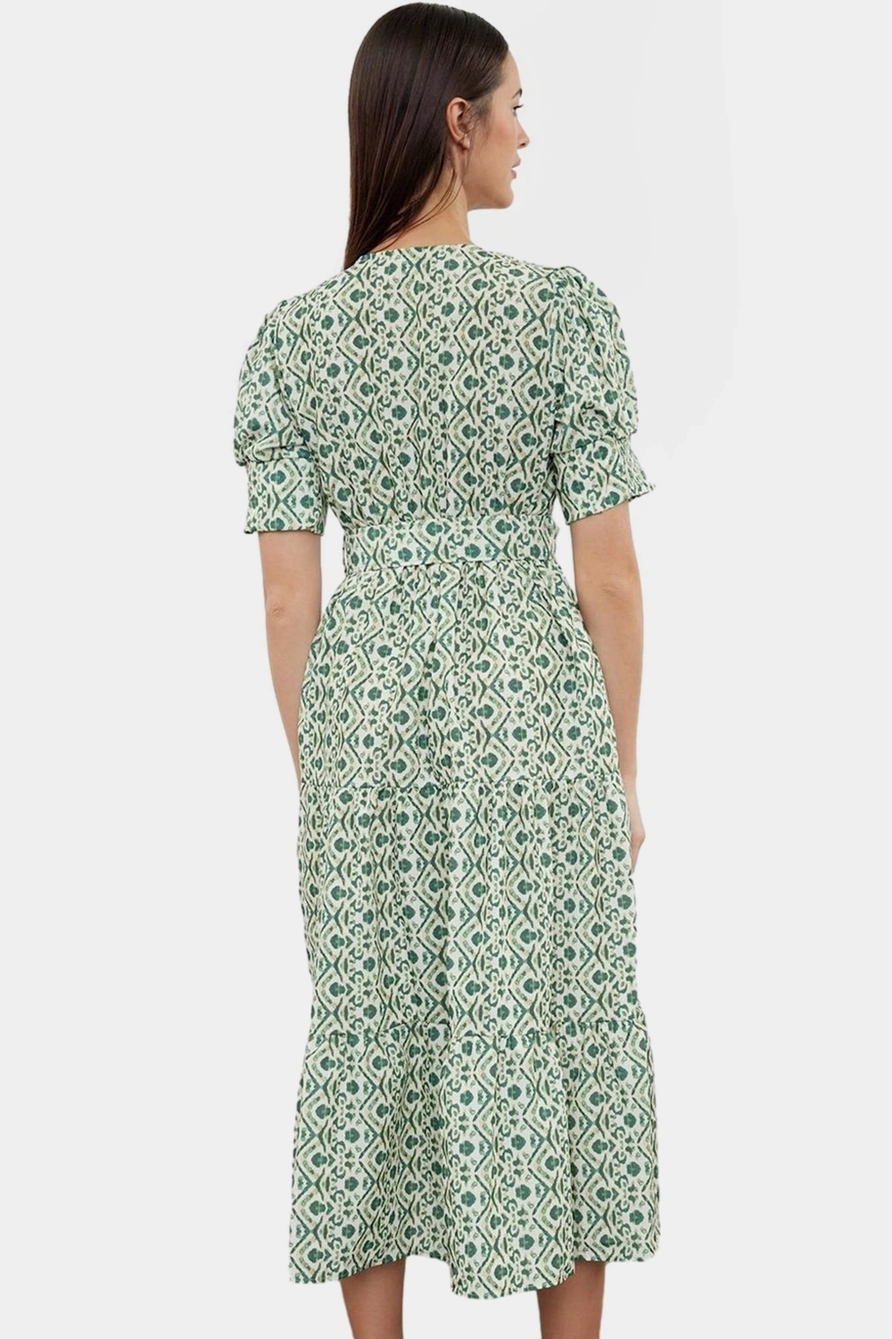 Rahat A line Midi Elbise Etnik Desenli Kemerli V Yaka Kısa Kollu Polyester Profesyonel Görünüm