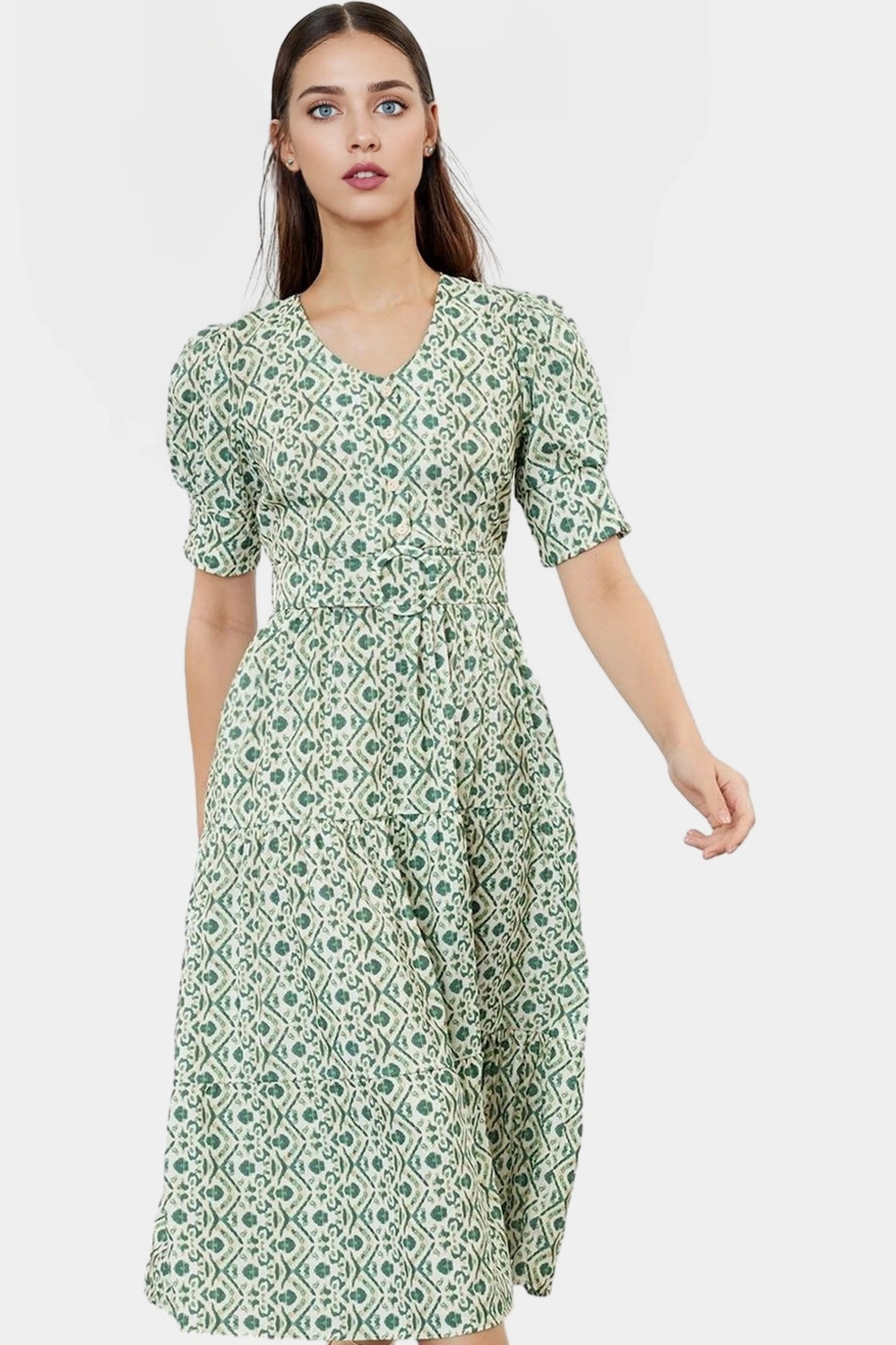 Rahat A line Midi Elbise Etnik Desenli Kemerli V Yaka Kısa Kollu Polyester Profesyonel Görünüm
