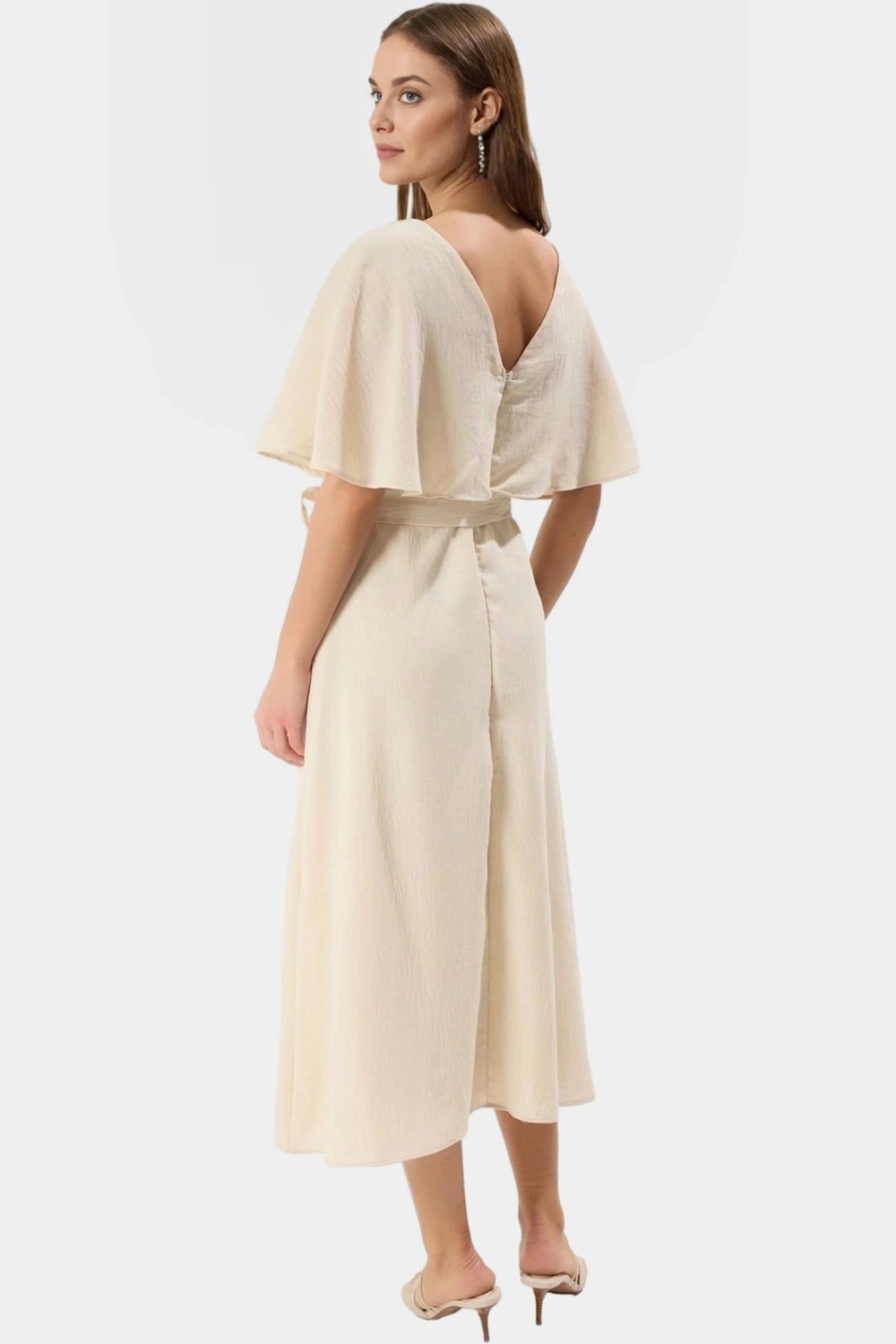 Pelerin Detaylı A Kesim Elbise Polyester Midi Boy Rahat Kalıp Trend Tasarım