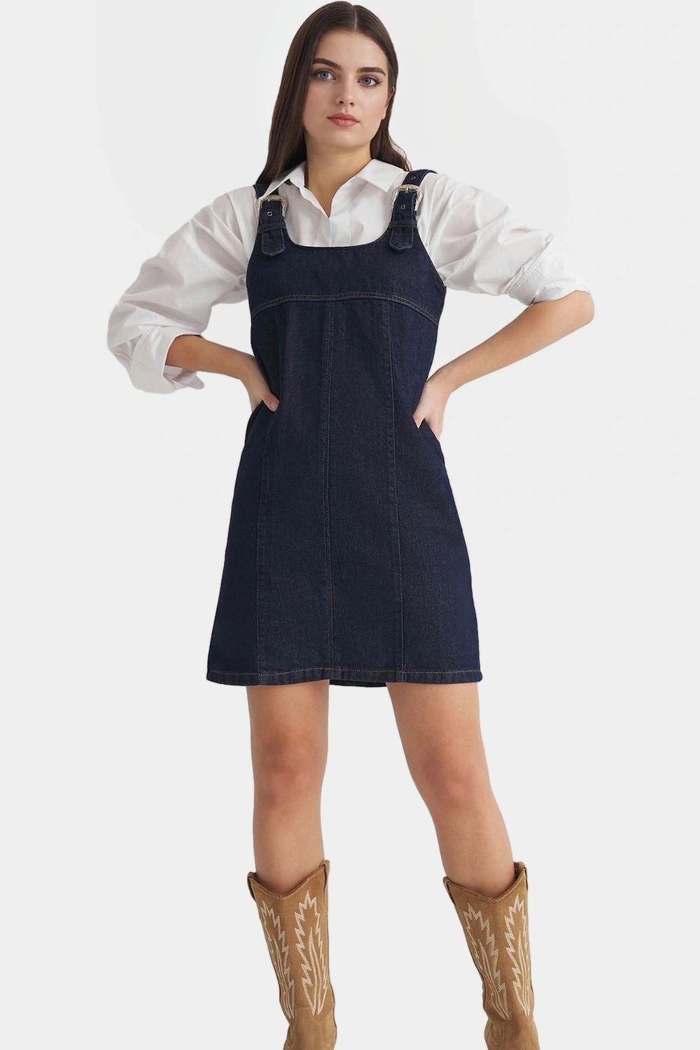 Yazlık Pamuklu Denim Elbise Bisiklet Yaka Ayarlanabilir Askılar Mini Boy Zarifane Tasarım