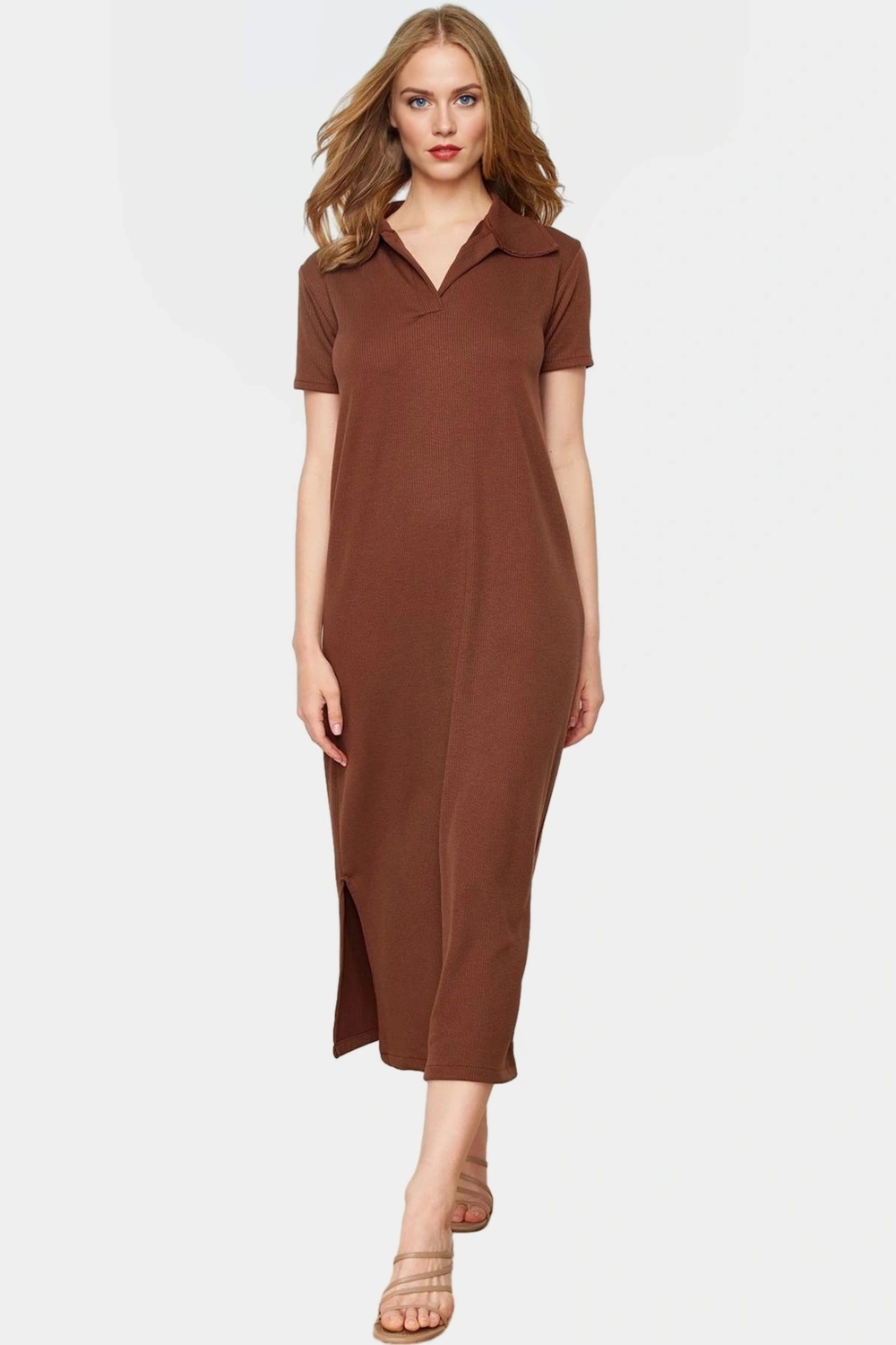 Günlük Kullanım İçin Şık Polyester Midi Elbise Polo Yaka Görünüm Mükemmel Uyum