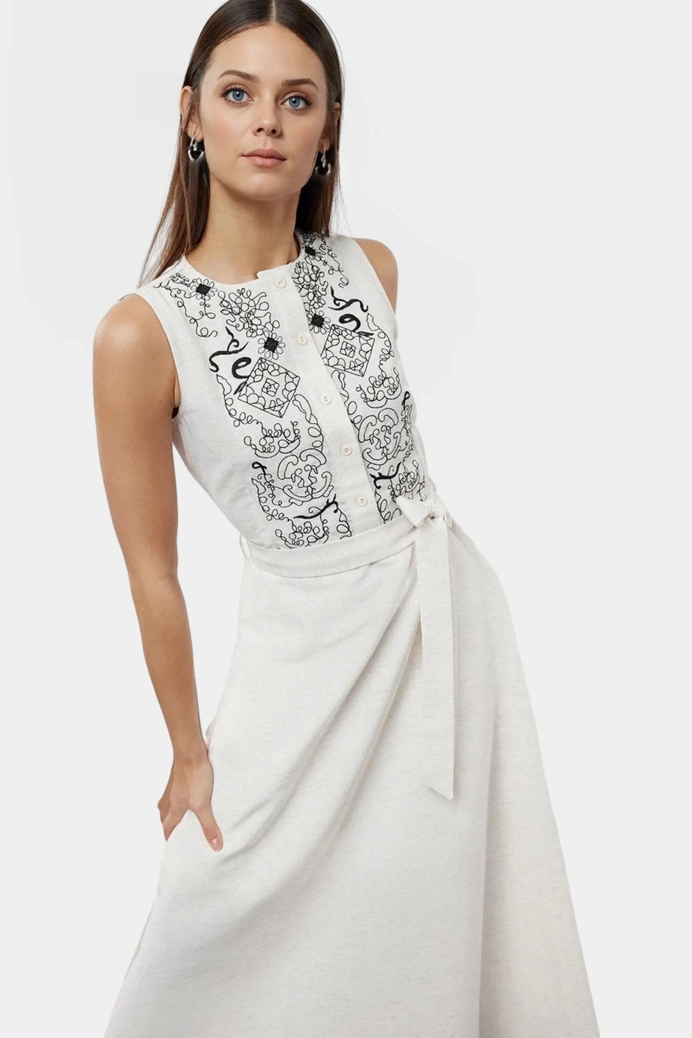 Rahat ve Şık Midi Elbise A line Kalıp Keten Görünümlü Dokuma Kumaş Modern Stil