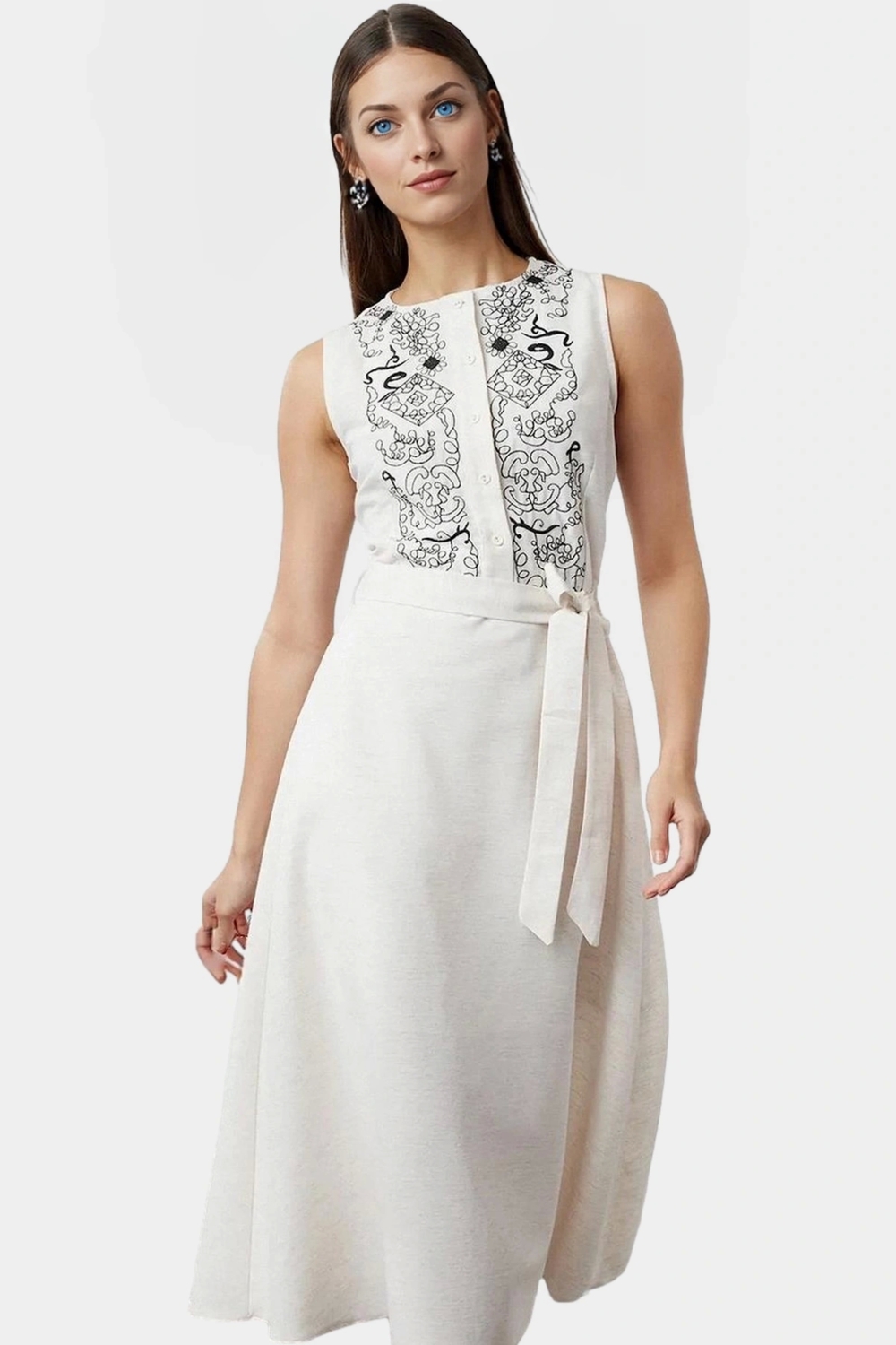 Rahat ve Şık Midi Elbise A line Kalıp Keten Görünümlü Dokuma Kumaş Modern Stil