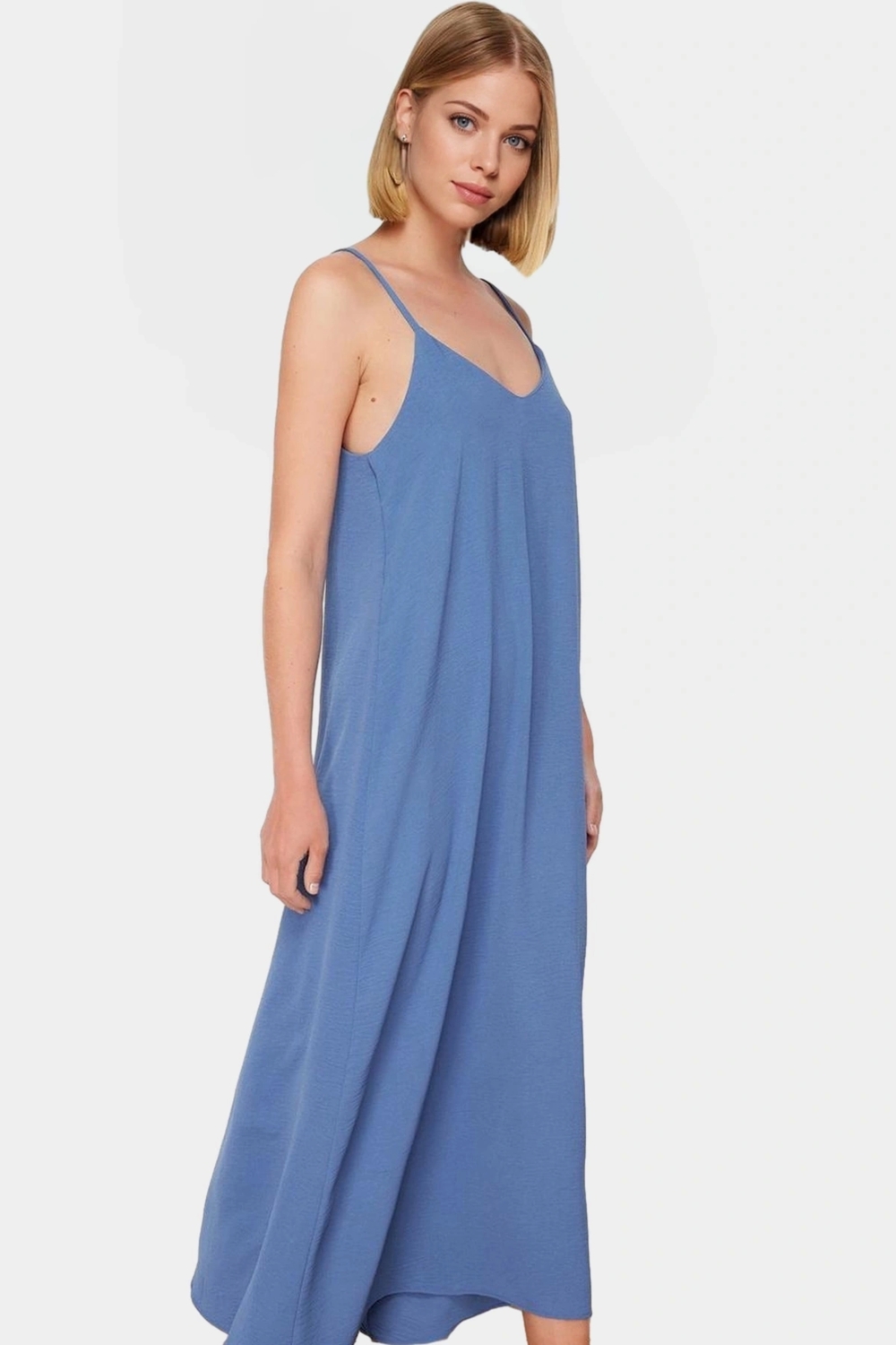 Şık V Yaka Kolsuz Maxi Elbise 130cm Boy Polyester Dokuma Rahat Seçkin Malzeme