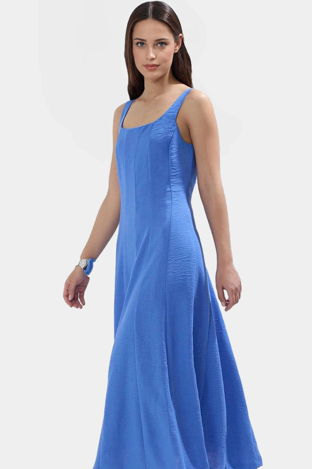 A line Polyester Maxi Elbise Kare Yaka Rahat Yazlık Dokuma Kumaş Uzun Ömürlü Şık Görünüm