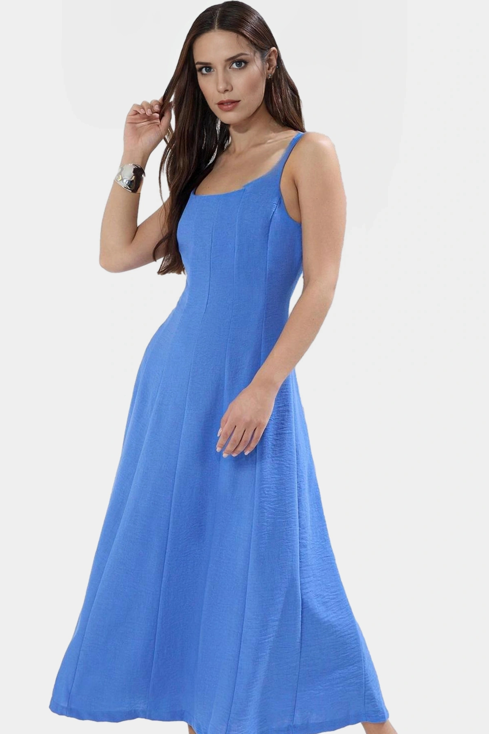 A line Polyester Maxi Elbise Kare Yaka Rahat Yazlık Dokuma Kumaş Uzun Ömürlü Şık Görünüm