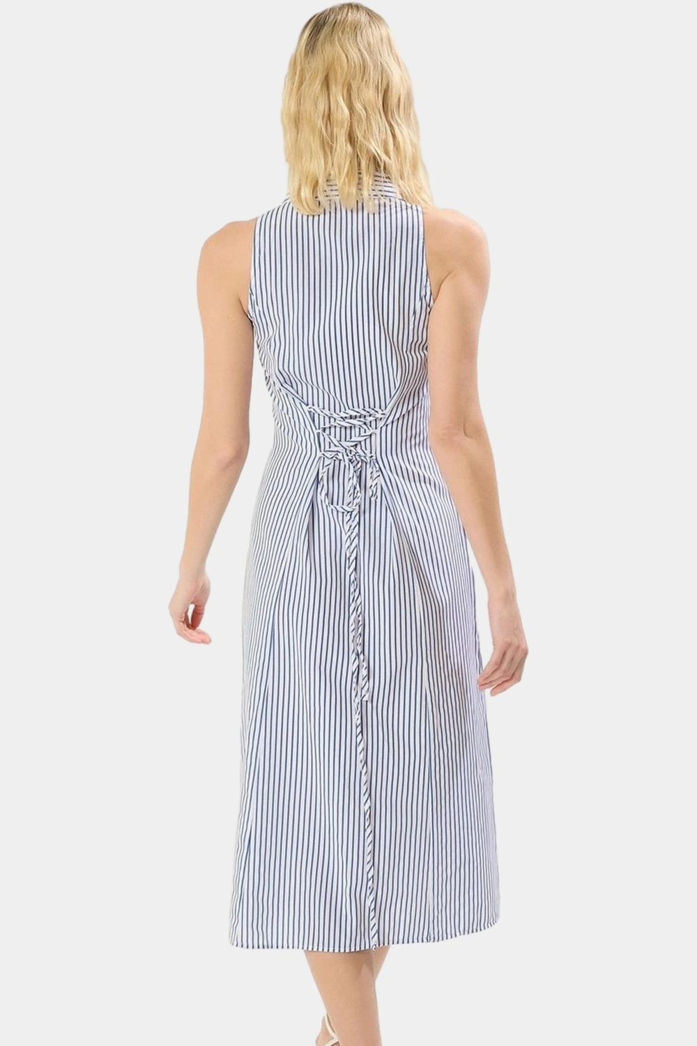 Nefes Alan Pamuklu Polyester Midi Gömlek Elbise Çizgili Desen Rahat Kalıp Profesyonel Görünüm