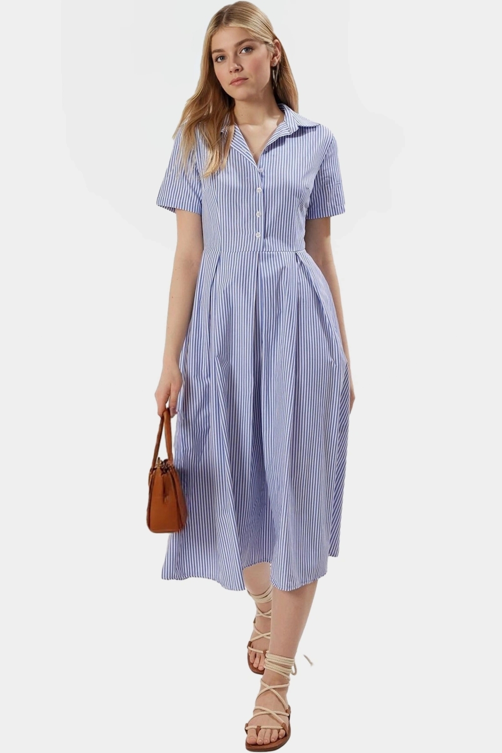 Pamuklu Polyester Dokuma Midi Elbise Çizgili Skater Kalıp Yazlık Mükemmel Uyum Premium Kalite