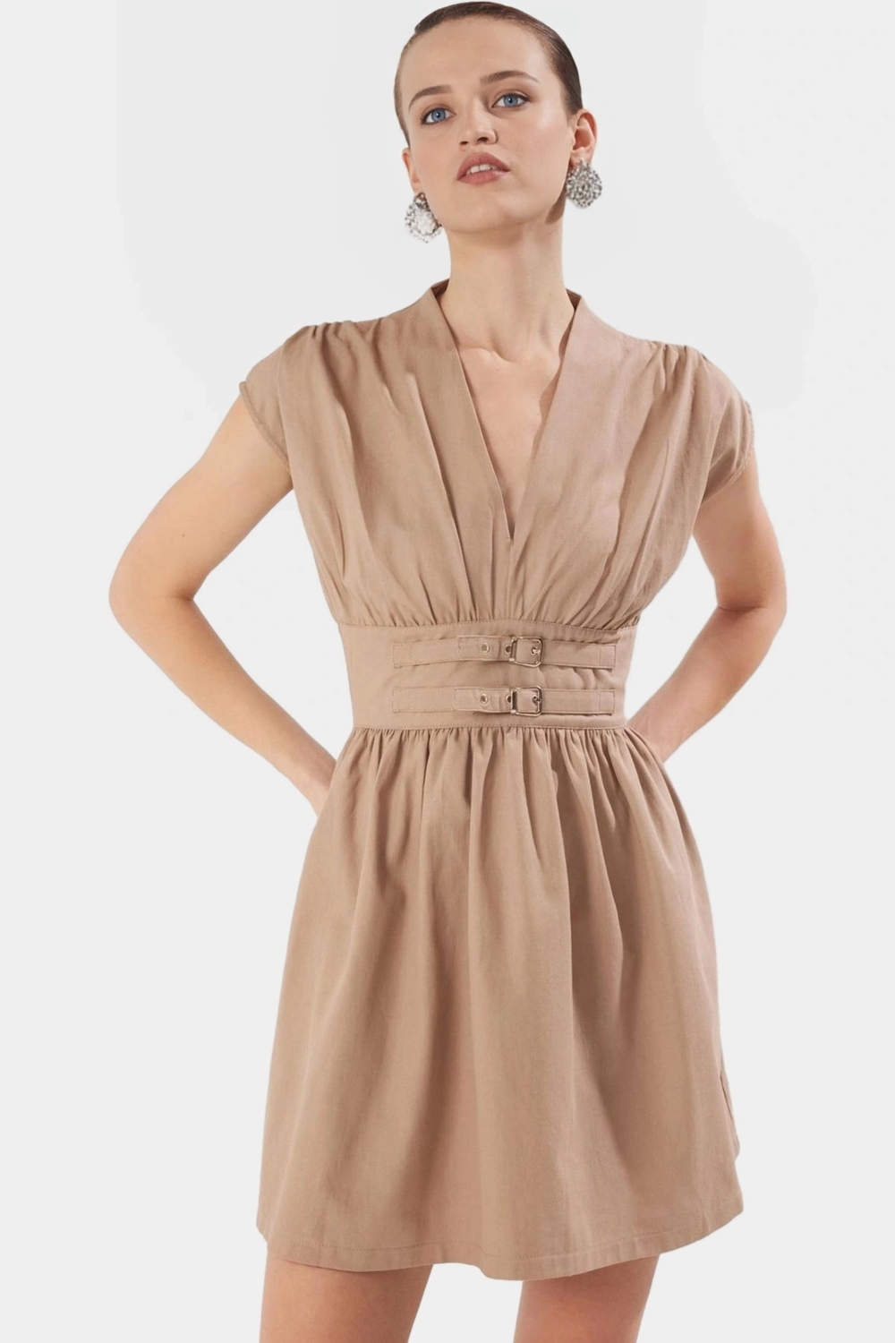 A Kesim Mini Elbise Kemer Detayı V Yaka Pamuk Polyester Dokuma Gabardin Yazlık Özel Tasarım