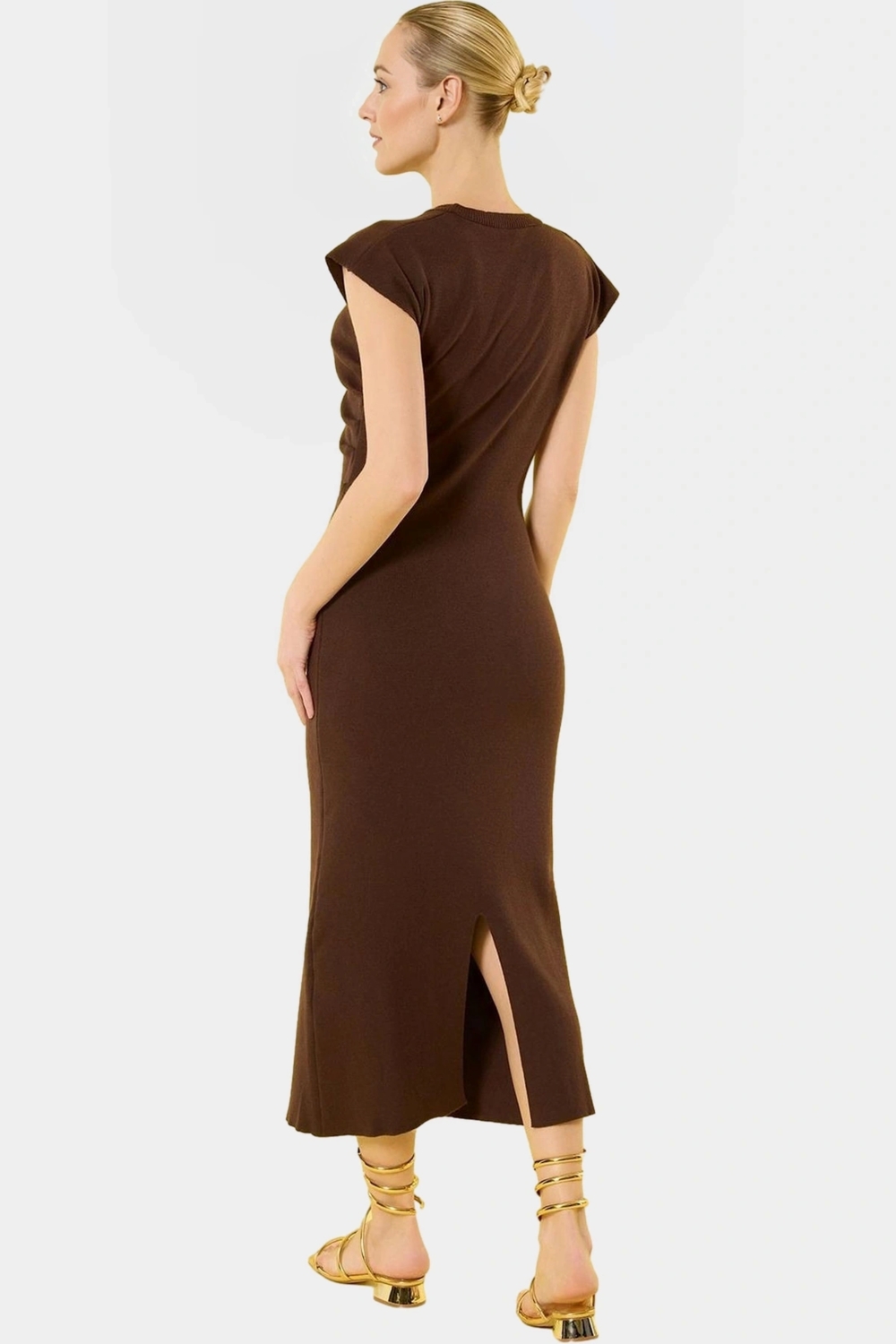Rahat Triko Midi Elbise Dik Yaka Bodycon Günlük Stil Yüksek Kalite Dayanıklı Malzeme