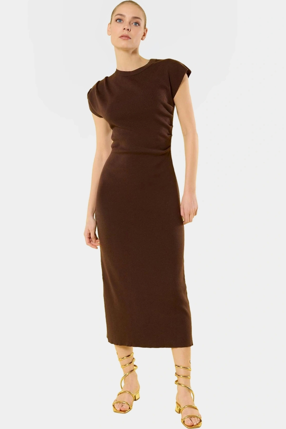 Rahat Triko Midi Elbise Dik Yaka Bodycon Günlük Stil Yüksek Kalite Dayanıklı Malzeme
