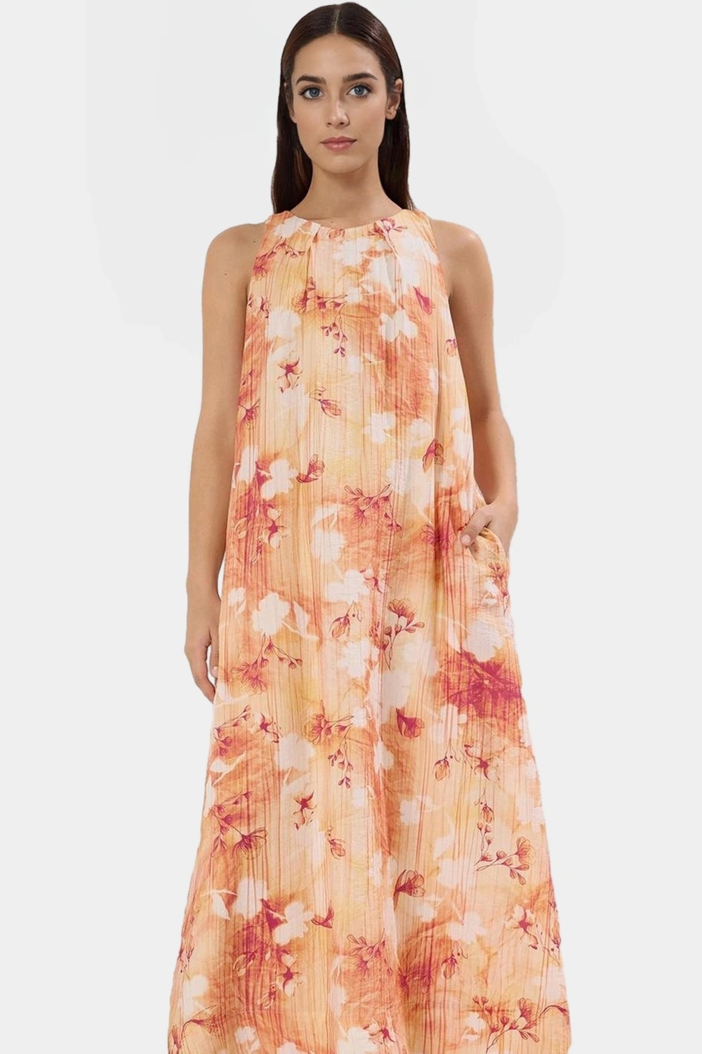 Rahat Günlük Maxi Elbise Dokuma Polyester Kumaş Tropikal Desenli Yazlık Yüksek Kalite Trend Tasarım