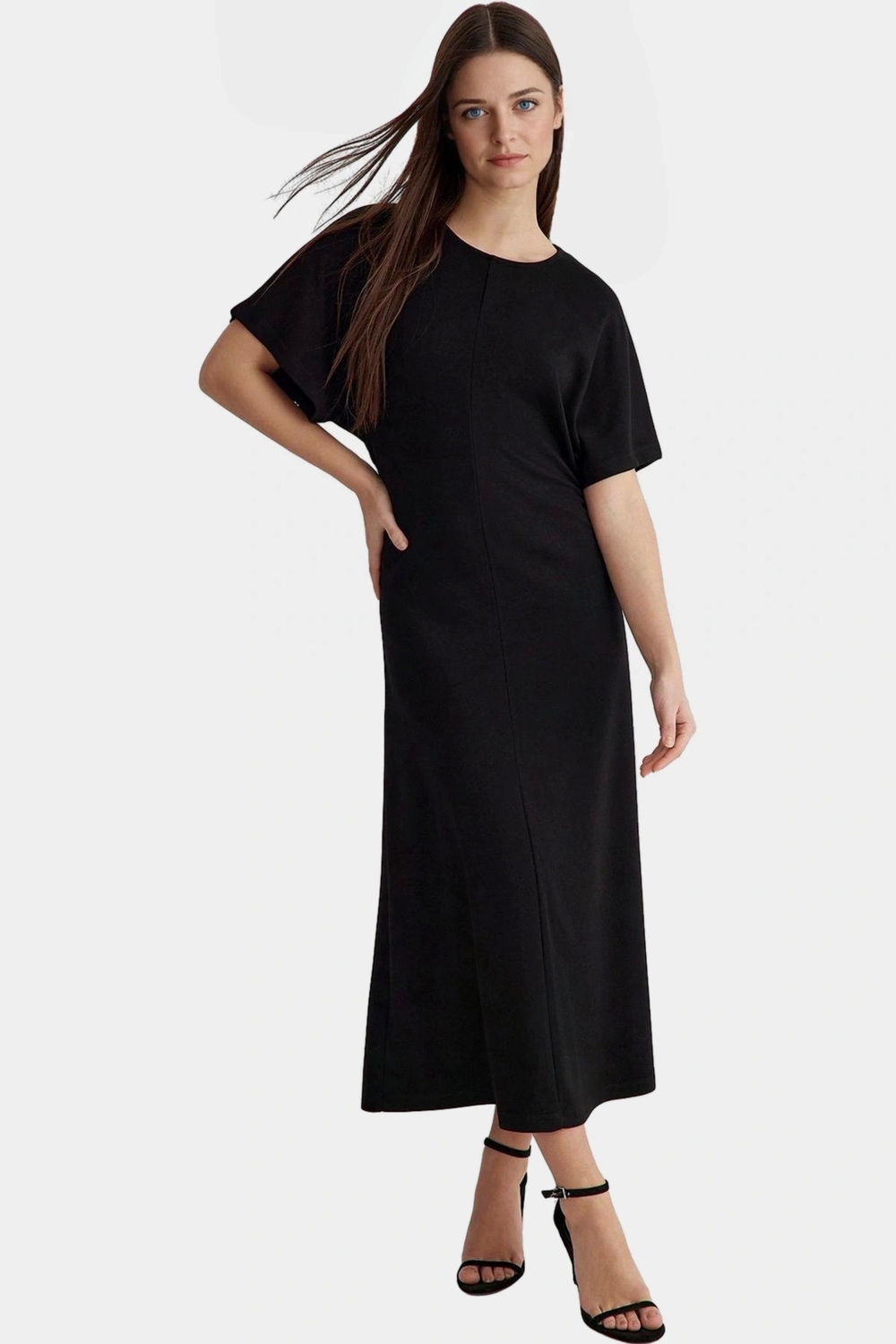 Esnek Örme Midi Elbise Bodycon Kalıp Melek Kol Viskoz Polyester Karışımı Şık Görünüm