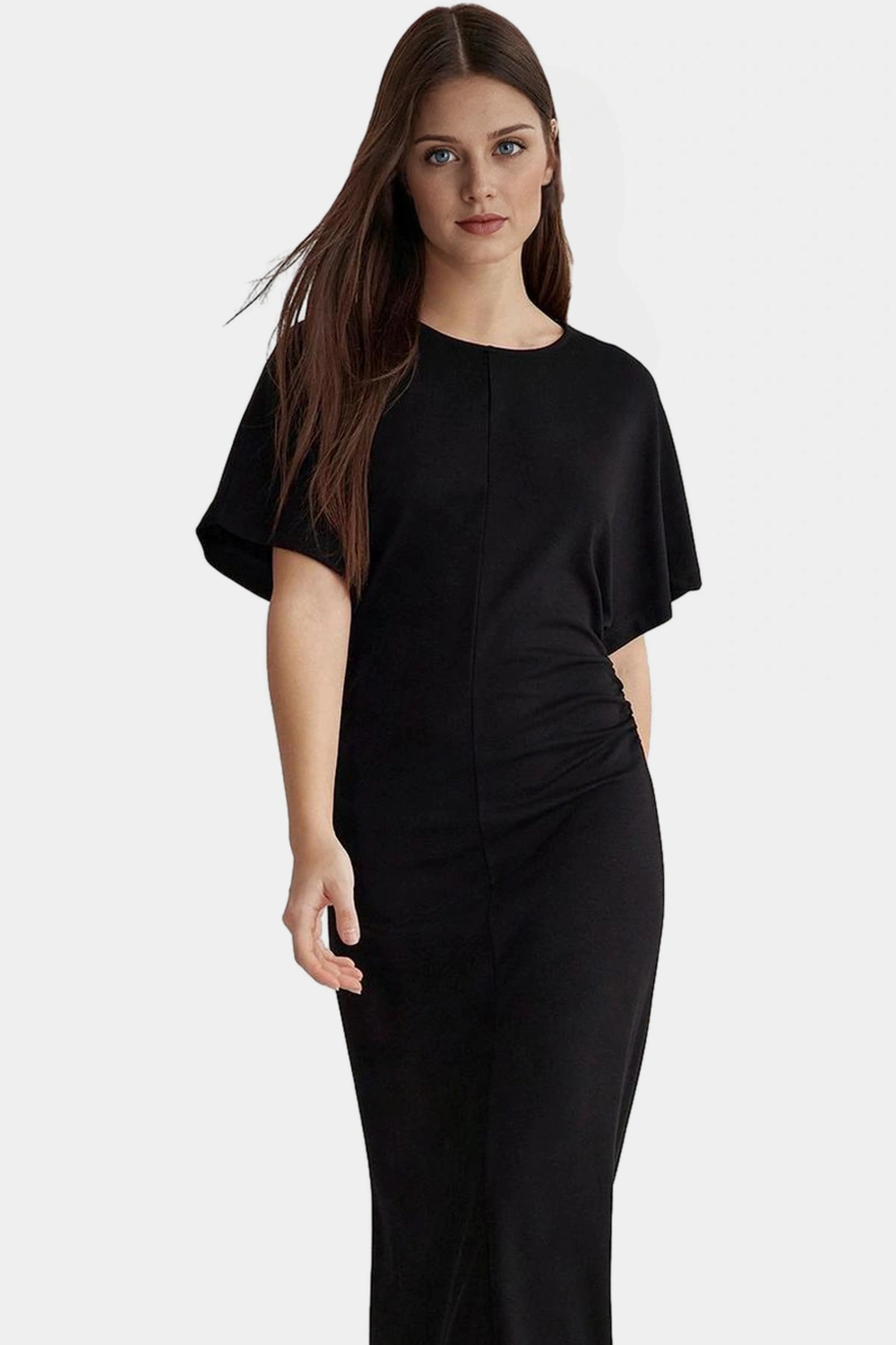 Esnek Örme Midi Elbise Bodycon Kalıp Melek Kol Viskoz Polyester Karışımı Şık Görünüm