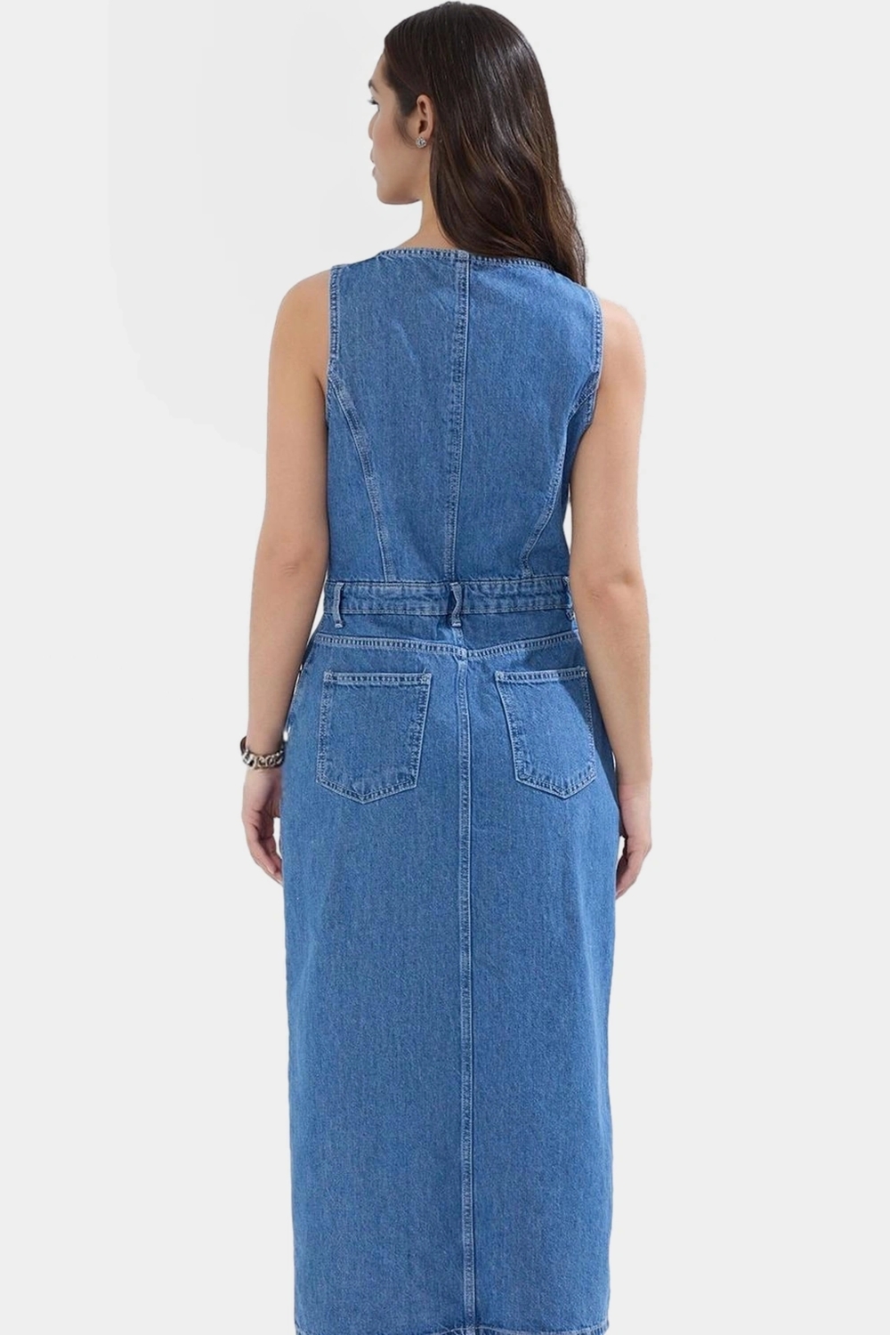 Pamuk Denim Midi Elbise Yırtmaçlı Düğmeli Havuz Yaka Şık Yazlık Profesyonel Görünüm