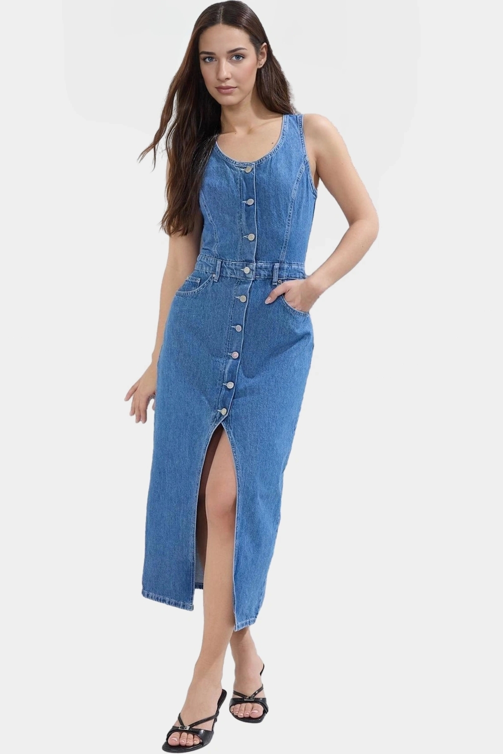 Pamuk Denim Midi Elbise Yırtmaçlı Düğmeli Havuz Yaka Şık Yazlık Profesyonel Görünüm