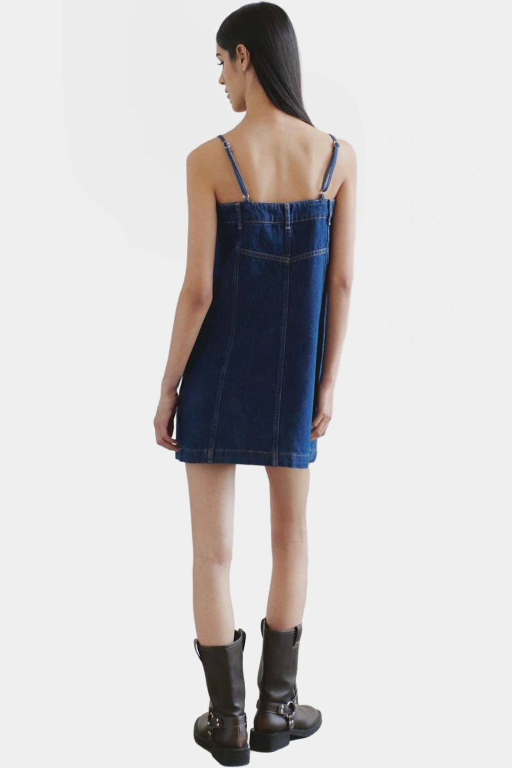 Mini Denim Elbise %Pamuk Kolsuz A line Metal Toka Detay Özel Tasarım Uzun Ömürlü
