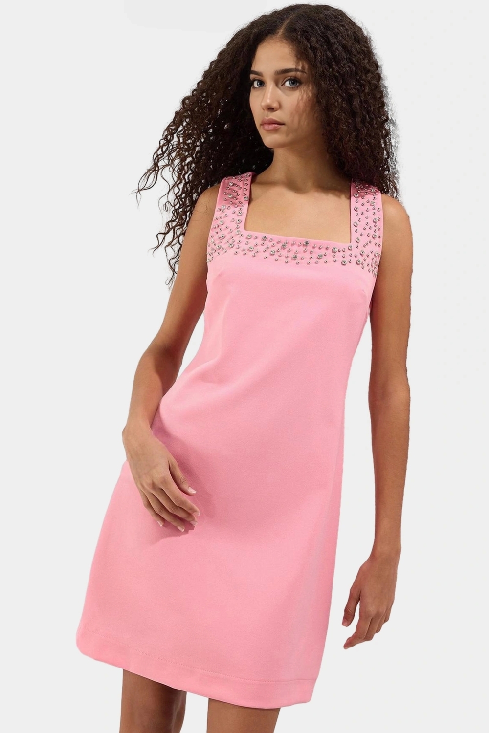 Taş Detaylı Kolsuz Mini Elbise %88 Polyester Yazlık Finike Dokuma Şık Görünüm Kaliteli İşçilik