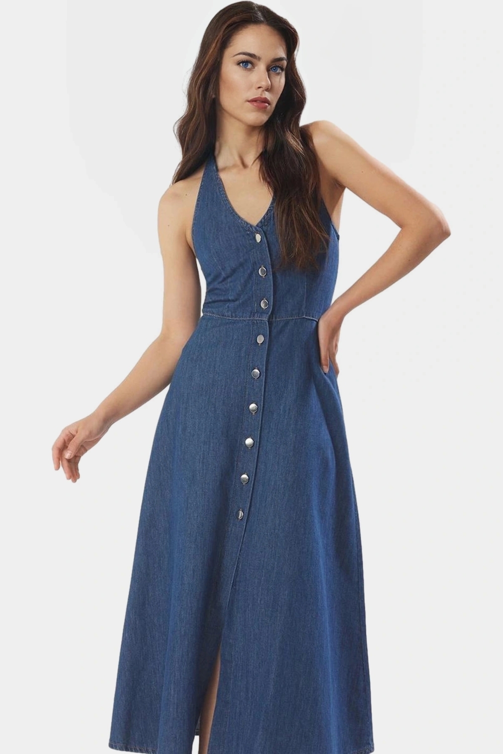 Pamuk Denim Maxi Elbise Volanlı Etek Halter Yaka Günlük Kullanım İçin Dayanıklı Malzeme