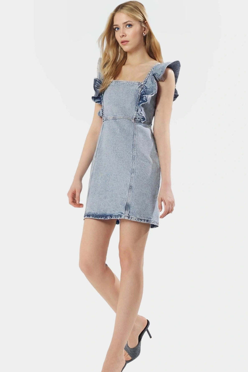 Büzgülü Kol Detaylı Denim Mini Elbise Yazlık A line Kesim Pamuk Rahat Kullanım