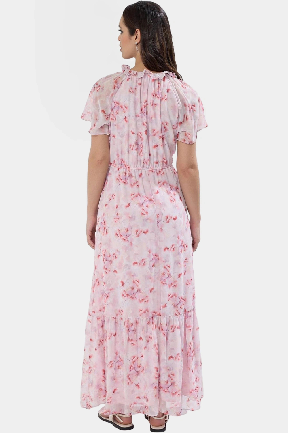 Şifon Maxi Elbise Çiçek Desenli Skater Kalıp Melek Kol Yazlık Modern Stil Seçkin Malzeme