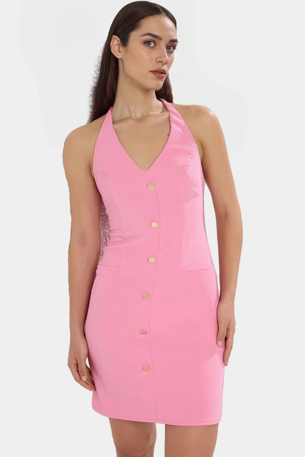 Dokuma Mini Elbise Halter Boyun Kolsuz Yazlık ve Şık Seçkin Malzeme