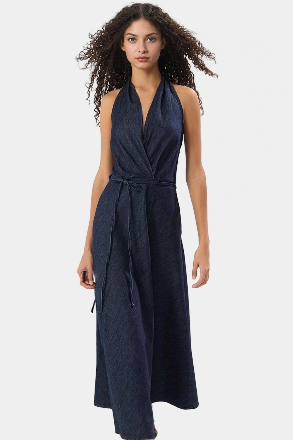 Cool & Comfort Denim Maxi Elbise Pamuk Halter Yaka Volanlı Detay Rahat Ve Şık Yüksek Kalite
