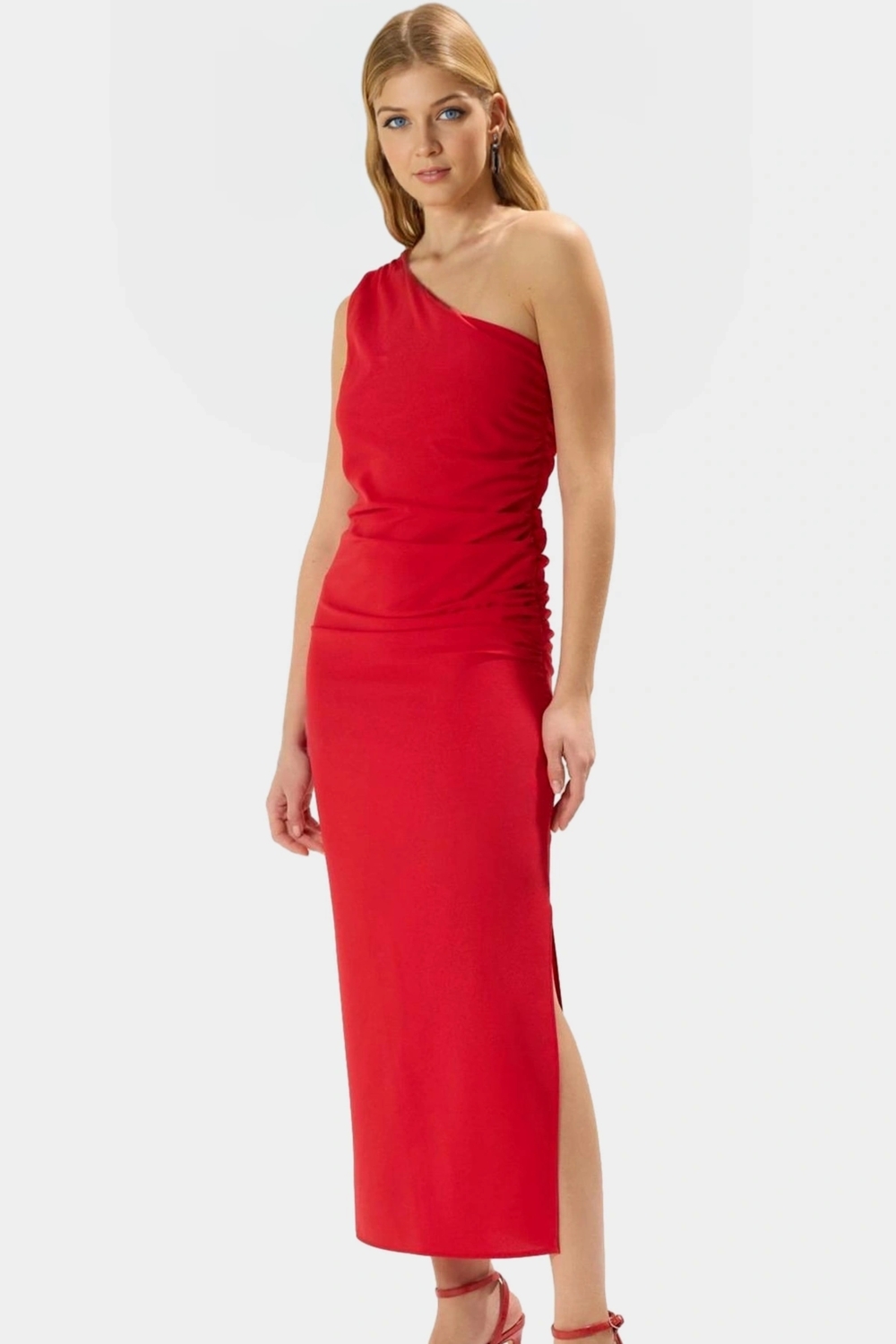 Bodycon Midi Elbise Tek Omuz Kolsuz Soft Krep Kumaş Rahat Kullanım Özel Tasarım