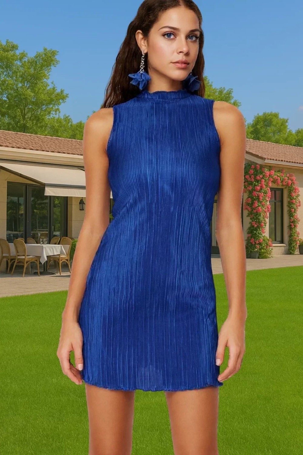 Şık Astarlı Örme Mini Elbise Dik Yaka Piliseli Polyester Abiye Özenle Seçilmiş Premium Kalite