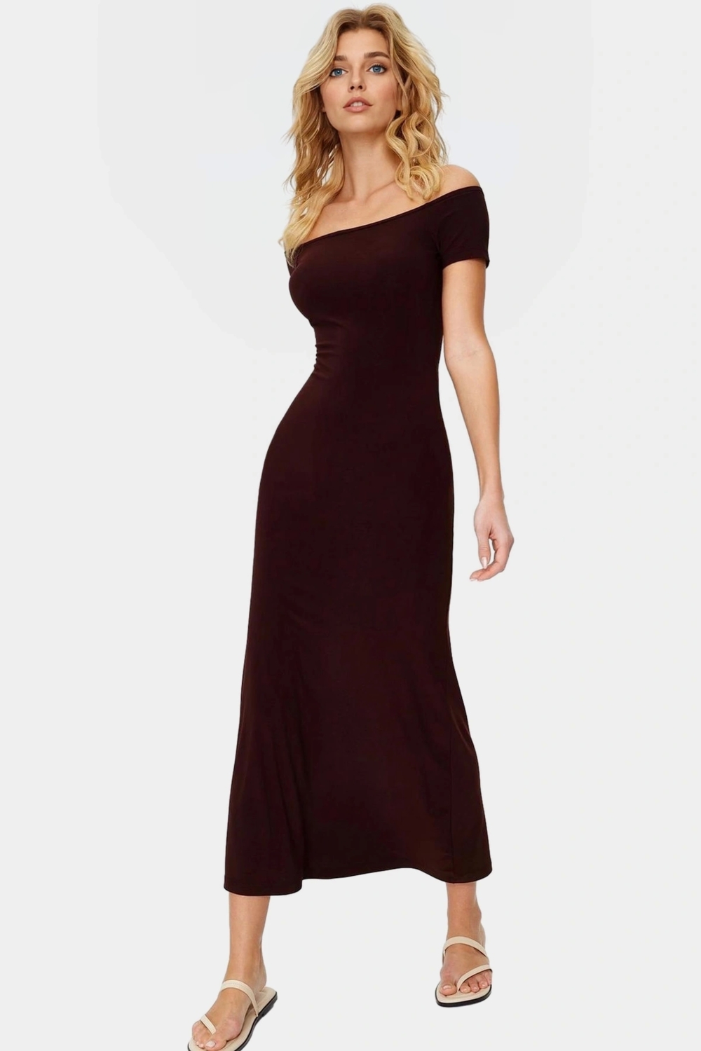 Yazlık Bodycon Maxi Elbise 96% Polyester Carmen Yaka Kısa Kollu Yüksek Kalite