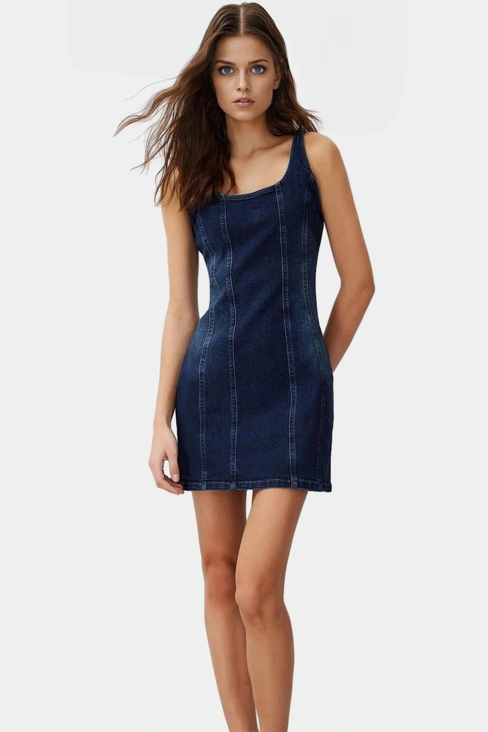 Rahat Pamuklu Denim Mini Elbise Fitted Bisiklet Yaka Günlük Stil Özenle Seçilmiş Uzun Ömürlü