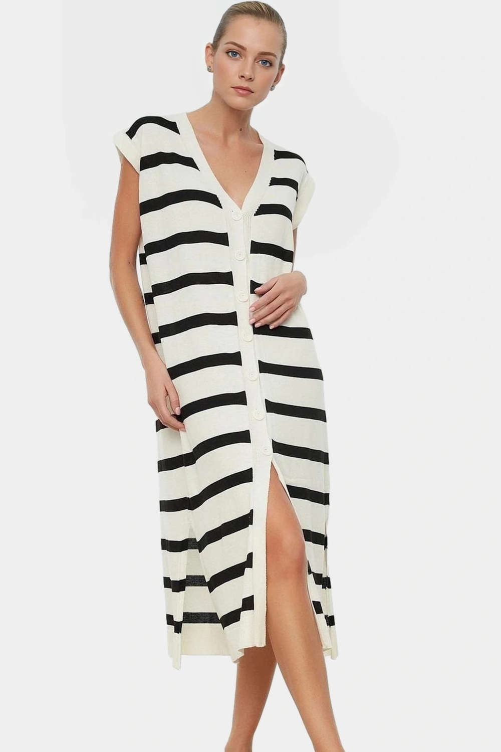 Rahat Triko Midi Elbise V Yaka Çizgili Desen Yazlık Shift Kalıp Zarifane Tasarım Ve Şık